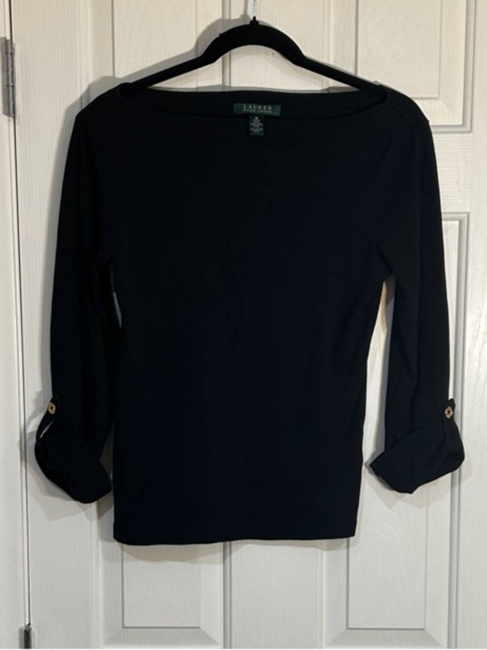 Ralph Lauren Black Boatneck Top with Roll-Tab Sleeves w/ Goldtone Metal Buttons - Picture 2 of 8